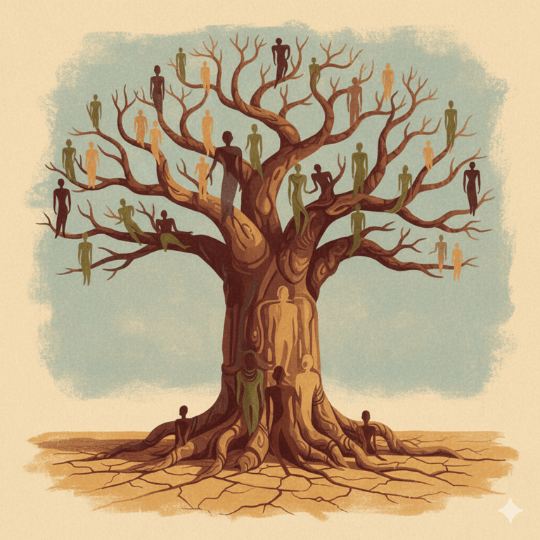 Illustration d'un grand baobab dont les racines et les branches forment des silhouettes humaines entrelacées symbolisant les ancêtres et les descendants, style art africain contemporain, palette de couleurs terreuses (marron, ocre, vert olive), composition verticale majestuuse